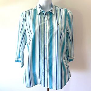 Lacoste Women’s Button Down Dress Shirt Size 40 (US M) Stripped Blue 3/4 Sleeve